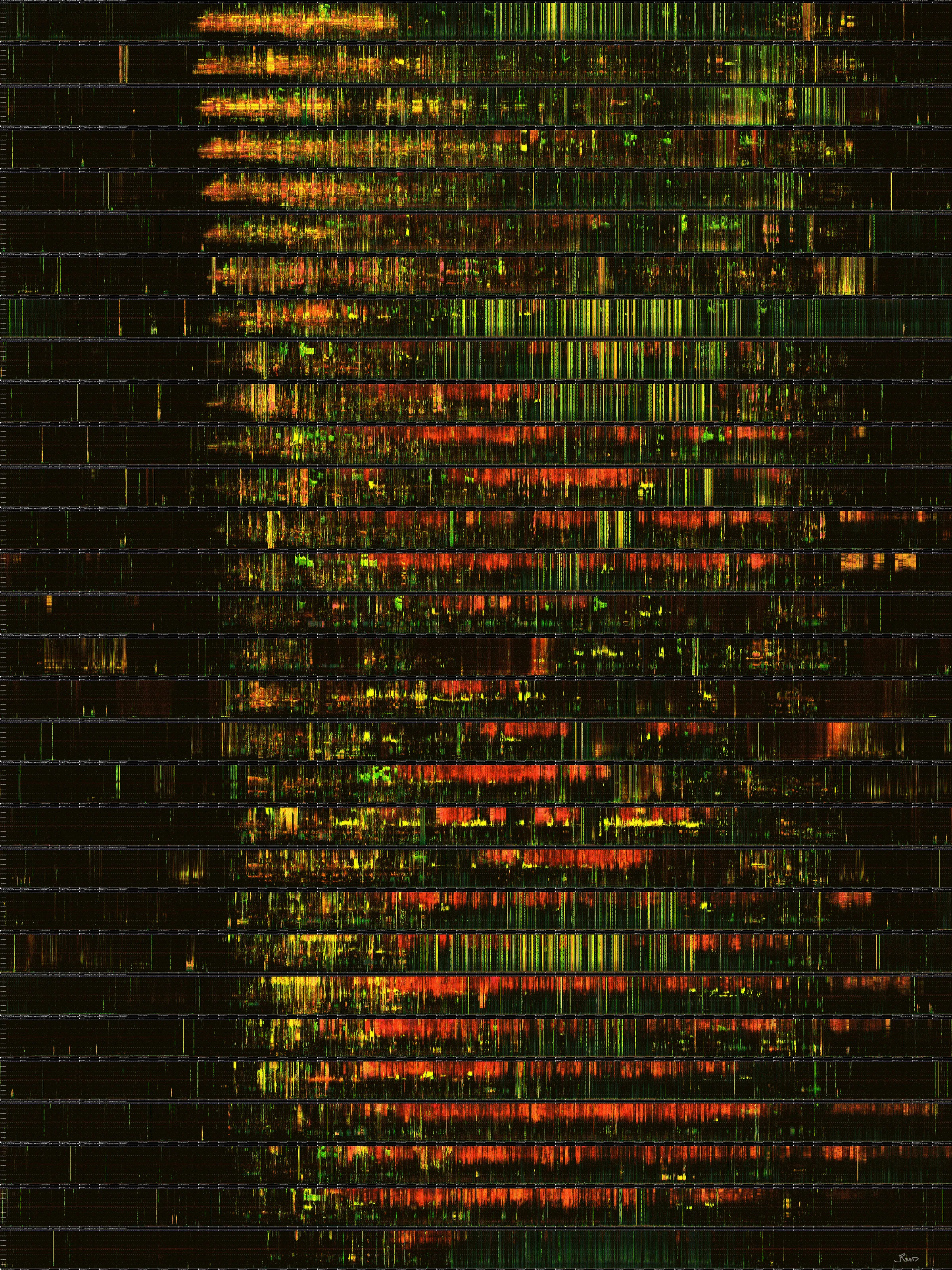 One month of sound shown as a spectrogram: about thirty horizontal rows, one per day, of yellow, green and red marks on black, with the bright morning band drifting right from top to bottom.