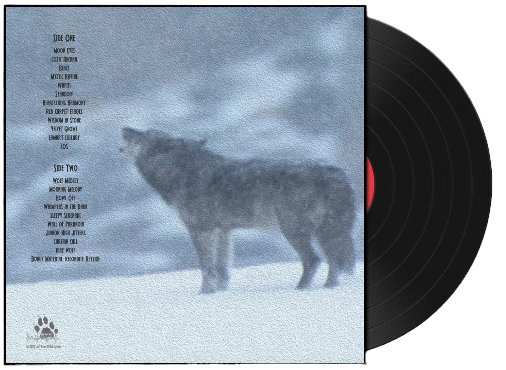 The back of the Then and Now record sleeve, a painted wolf howling in falling snow beside the track list, with a black vinyl record sliding out.