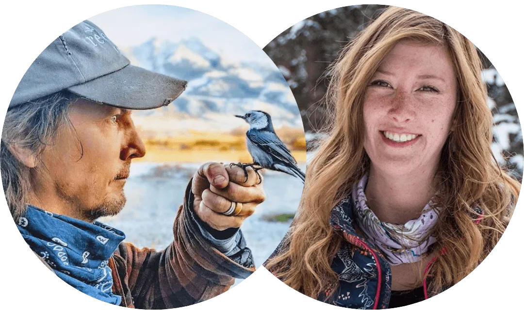 Two circular portraits side by side: on the left, a man in a gray cap holds a small gray-and-white bird on his hand in front of snowy mountains; on the right, a smiling woman with long reddish hair stands in front of snowy trees.