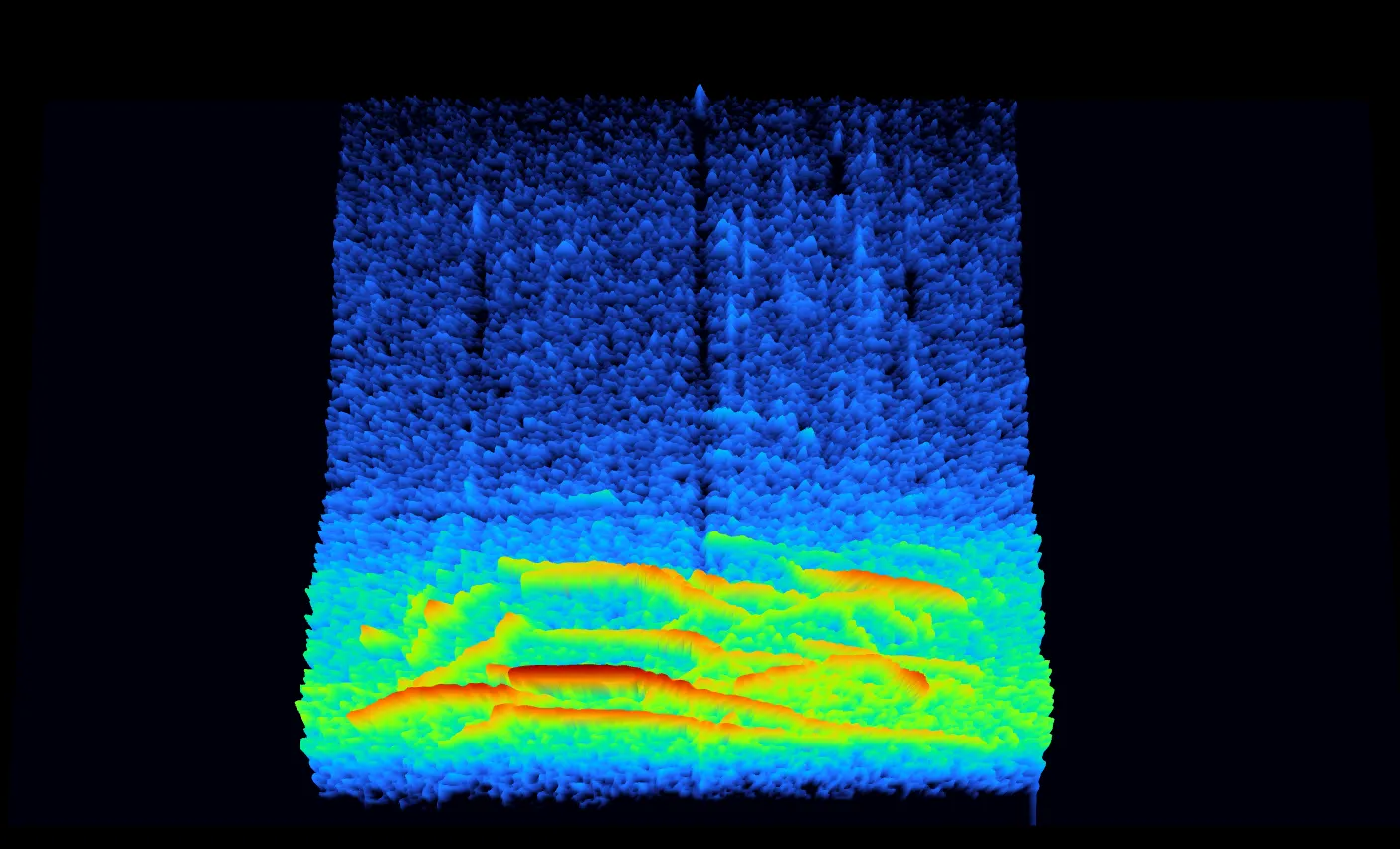 A 3D spectrogram of a wolf howl, long orange and yellow ridges of the howl and its harmonics rising from a blue field of background noise.