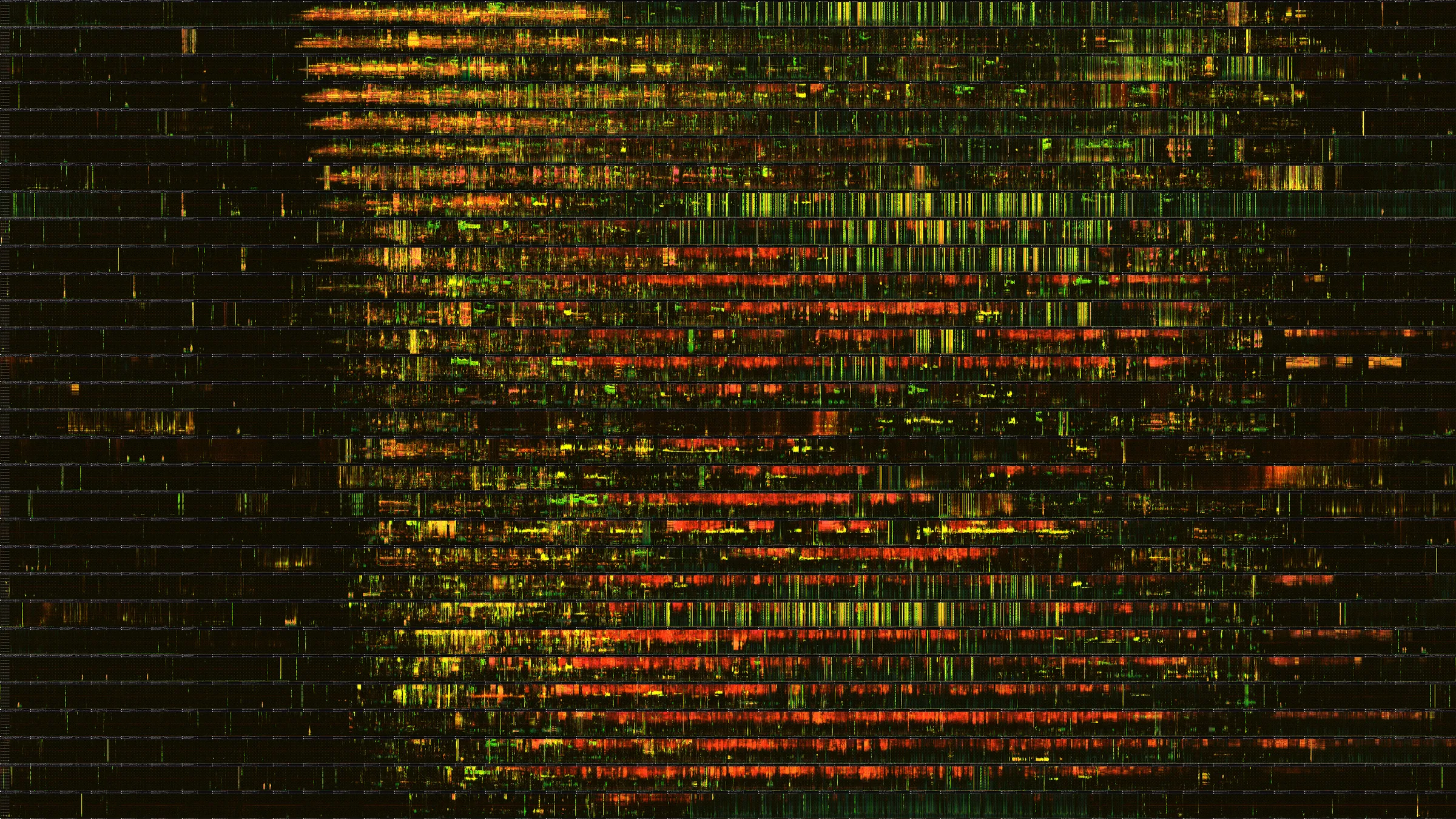 One month of sound near a Yellowstone wolf den, drawn as a spectrogram: each row a day, color showing sound energy